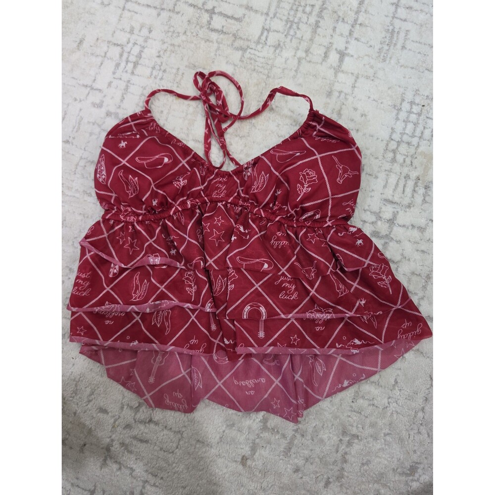 Wild Fable Red White Graphic Ruffle Spaghetti Strap Camisole Tank Top MED